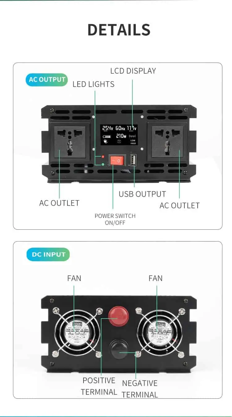 2000W DC 12V/24V/48V to AC 110V/220V Modified Sine Wave Peak 4000W Power Inverter with LCD Display detail 6