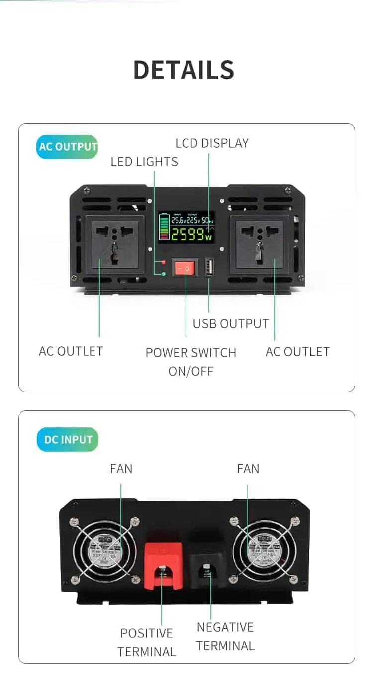 2000W DC 12V/24V/48V to AC 110V/220V Pure Sine Wave Power Inverter for Home with LCD Display detail 6