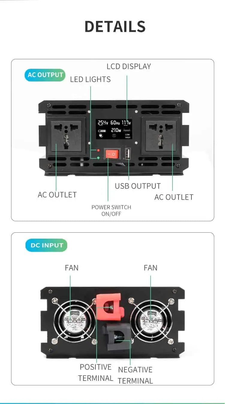 DC 12V/24V to AC 110V/220V Modified Sine Wave 3000W Power Inverter with LCD Display detail 6