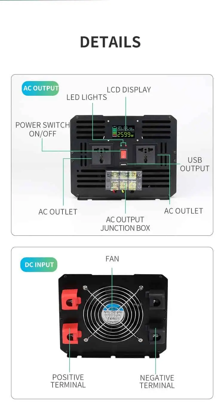 6000W DC 12V/24V/48V to AC 110V/220V Pure Sine Wave Power Inverter for Home with LCD Display detail 6