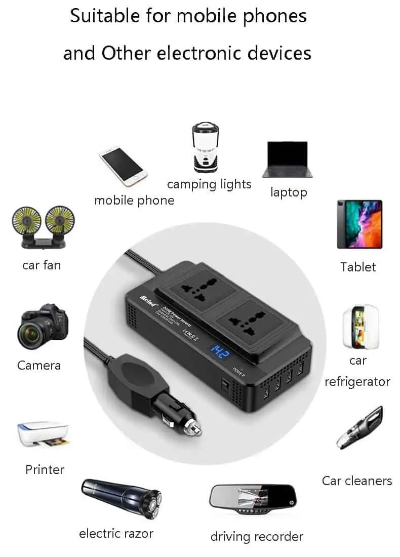 200 Watt Inverter DC 12V to AC 110V/220V with 4 USB Output 2 European/Brazilian/Universal Sockets detail 2