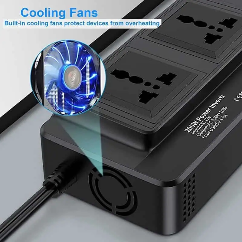 200 Watt Inverter DC 12V to AC 110V/220V with 4 USB Output 2 European/Brazilian/Universal Sockets detail 3