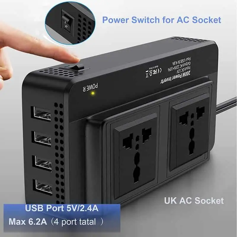 200 Watt Inverter DC 12V to AC 110V/220V with 4 USB Output 2 European/Brazilian/Universal Sockets detail 5