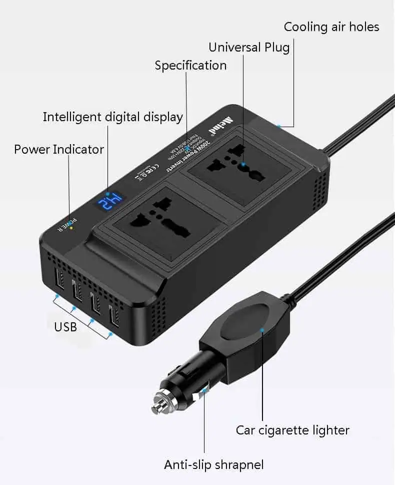 200 Watt Inverter DC 12V to AC 110V/220V with 4 USB Output 2 European/Brazilian/Universal Sockets detail 7