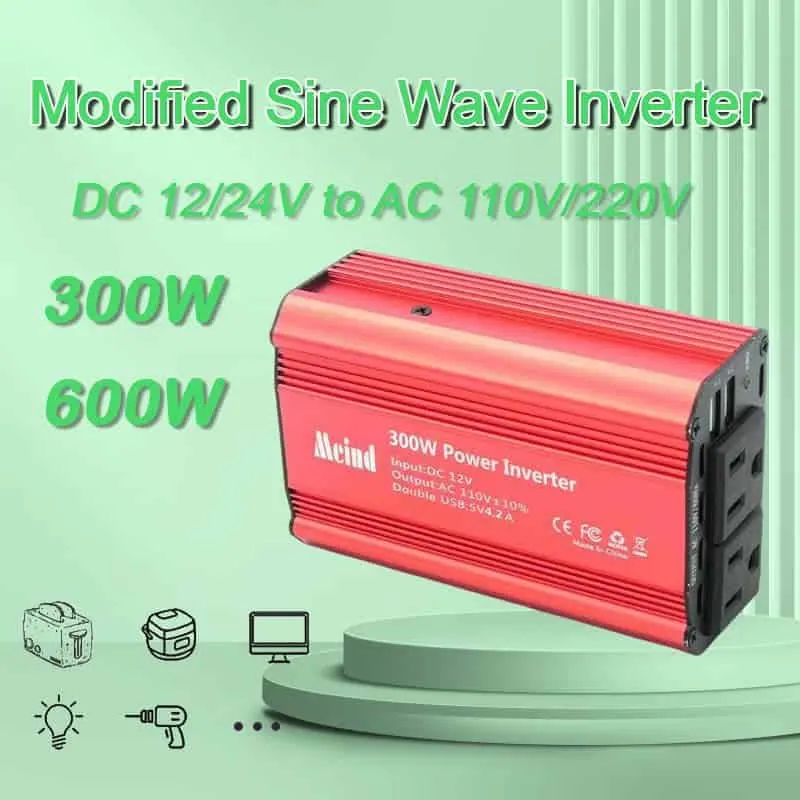 300W Modified Sine Wave Power Inverter with EU, Dual American Sockets USB QC 3.0 5.4A