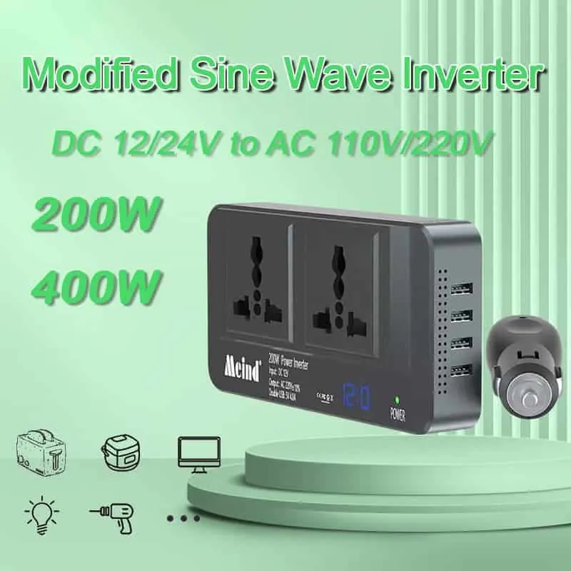 200 Watt Inverter DC 12V to AC 110V/220V with 4 USB Output 2 European/Brazilian/Universal Sockets