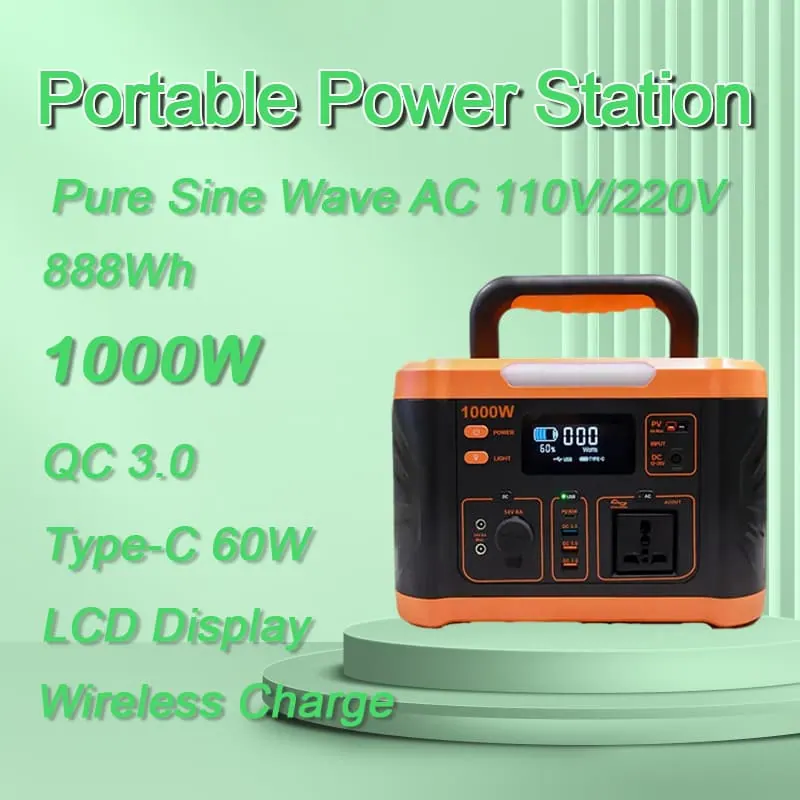1000W Pure Sine Wave Portable Power Station Solar Generator with Wireless Charge