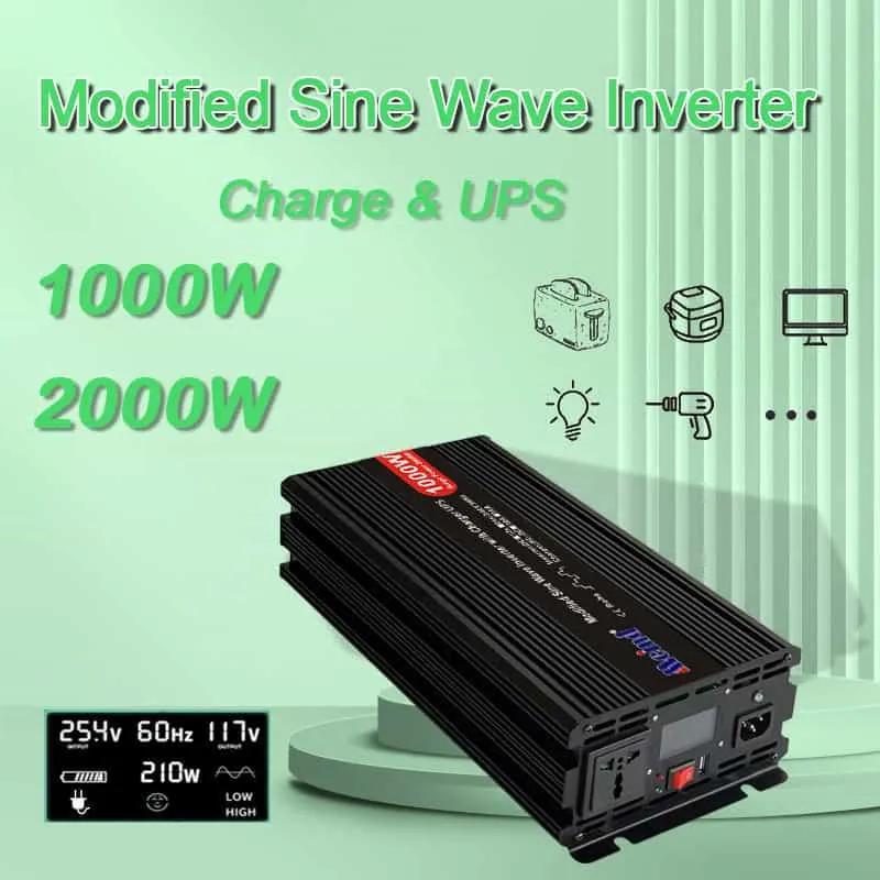 DC 12V/24V to AC 110V/220V Modified Sine Wave 1000W Power Inverter with Charger&UPS LCD Display