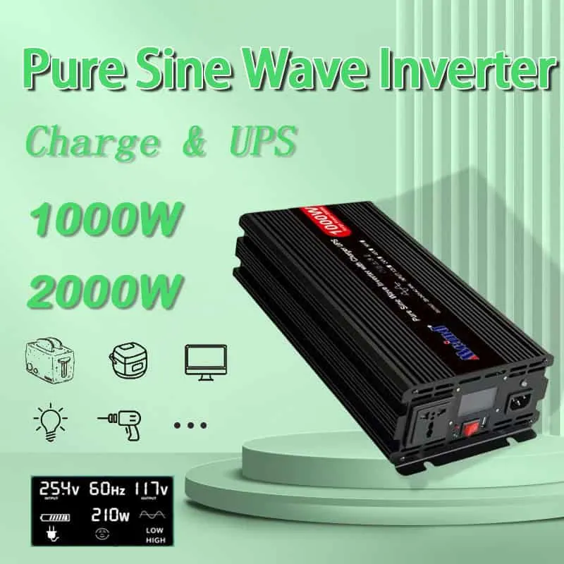 DC 12V/24V to AC 110V/220V Pure Sine Wave 1000W Power Inverter with Charger&UPS LCD Display
