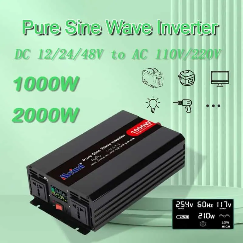 1000W DC 12V/24V/48V to AC 110V/220V Pure Sine Wave Power Inverter with LCD Display