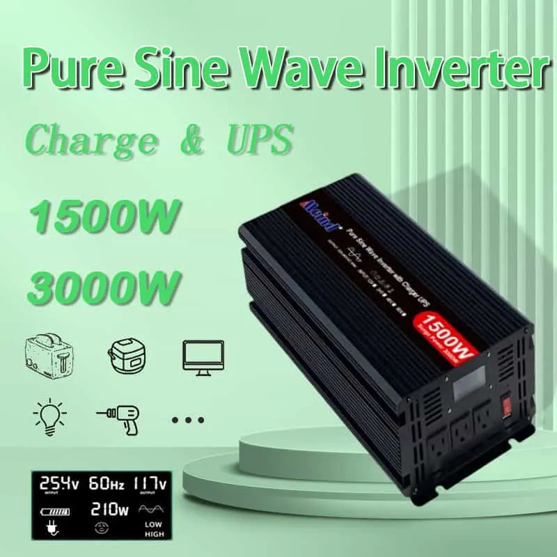 DC 12V/24V to AC 110V/220V Pure Sine Wave 1500W Power Inverter with Charger UPS LCD Display
