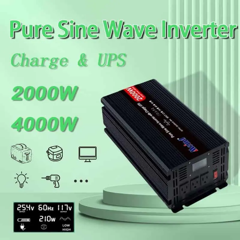 DC 12V/24V to AC 110V/220V Pure Sine Wave 2000W Power Inverter with Charger UPS LCD Display