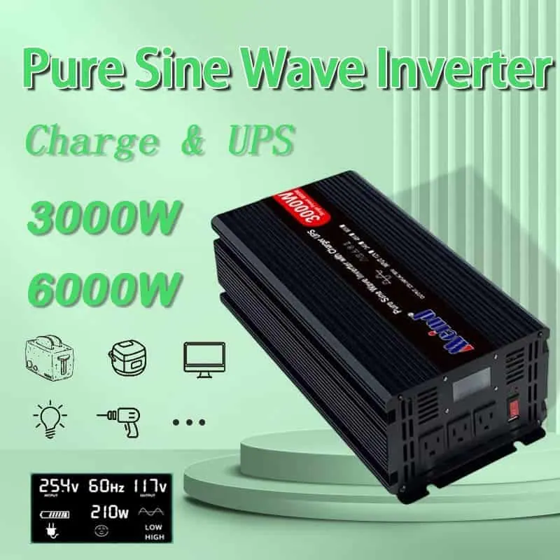 DC 12V/24V to AC 110V/220V Pure Sine Wave 3000 Watt Inverter with Charger UPS LCD Display