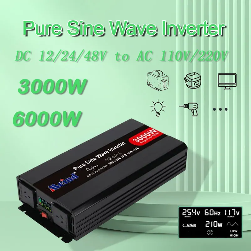 3000W DC12V/24V/48V to AC 110V/220V Pure Sine Wave Power Inverter for Home with LCD Display