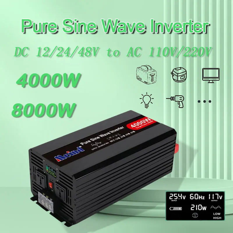 4000W DC 12V/24V/48V to AC 110V/220V Pure Sine Wave Power Inverter for Home with LCD Display