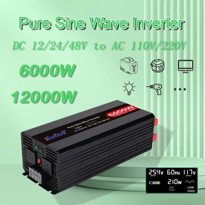 6000W DC 12V/24V/48V to AC 110V/220V Pure Sine Wave Power Inverter for Home with LCD Display