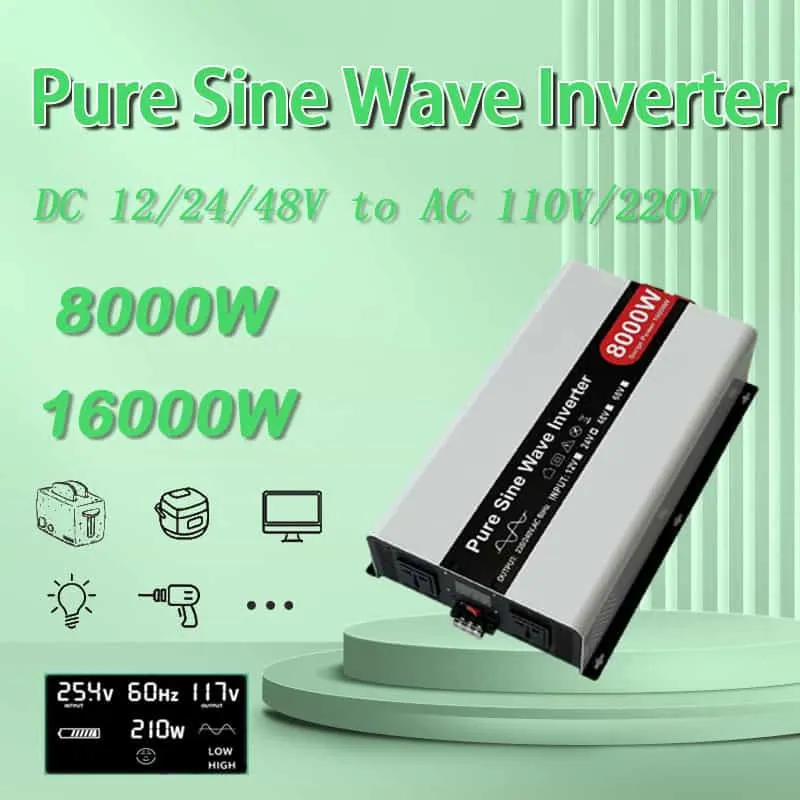 8000W DC 24V/48V to AC 110V/220V Pure Sine Wave Power Inverter for Home with LCD Display