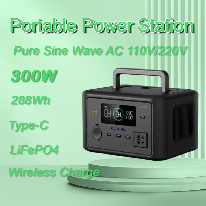 300W Portable Power Station with TYPE-C LiFePO4 Battery Wireless Charge Solar Generator