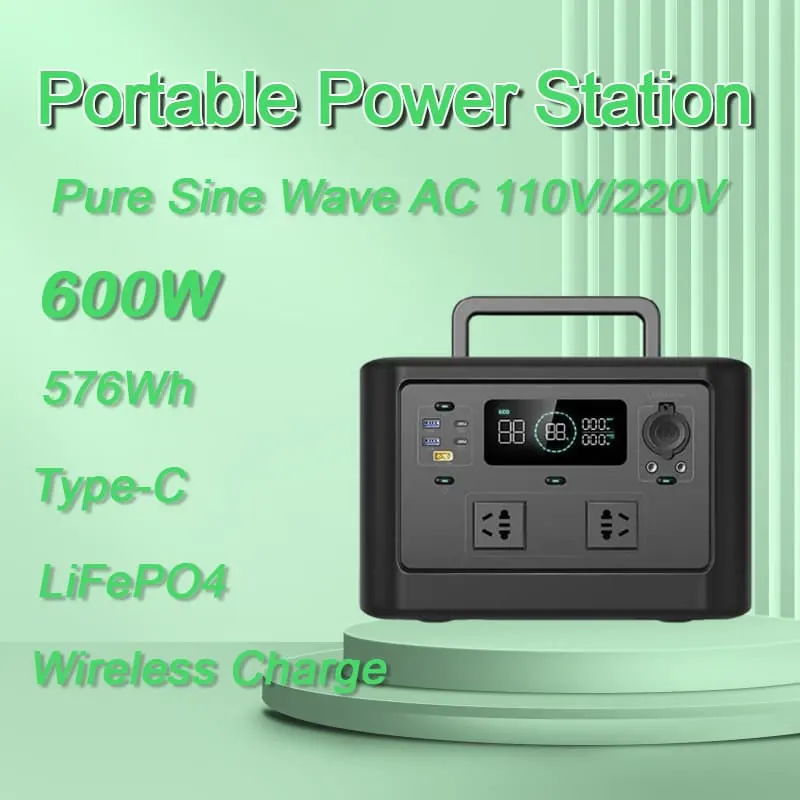 600W Portable Power Station with TYPE-C LiFePO4 Battery Wireless Charge Solar Generator