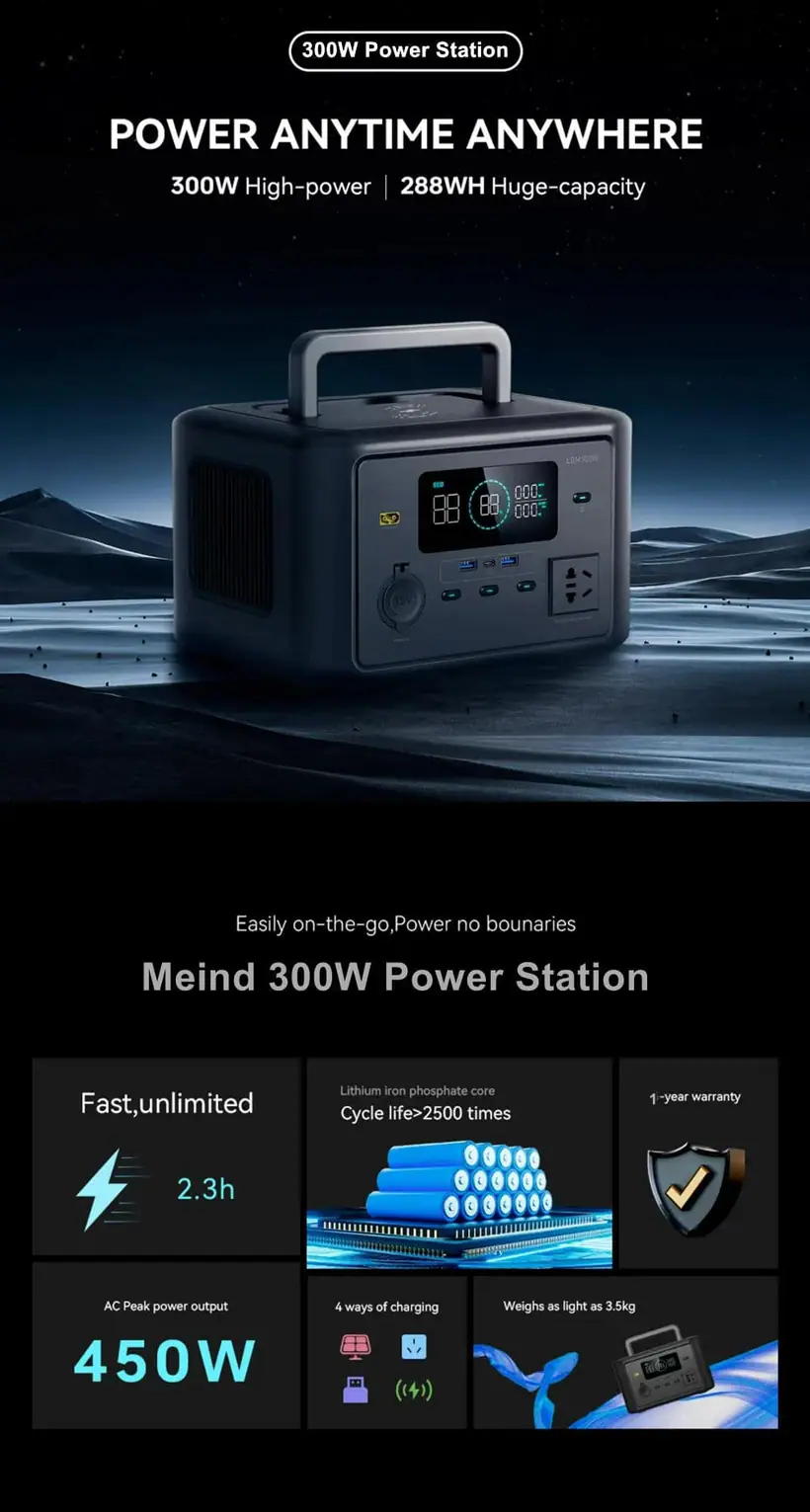 300W Portable Power Station with TYPE-C LiFePO4 Battery Wireless Charge Solar Generator detail 1