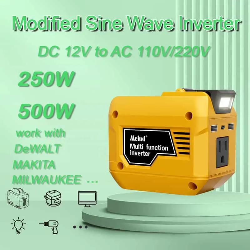 250W (Peak 500W) DC 12V to AC 220V/110V Power Inverter Compatible with Dewalt, Makita, Milwaukee 18/20V Battery with AC Outlet, USB Ports, Type-C Fast Charging, LED Light