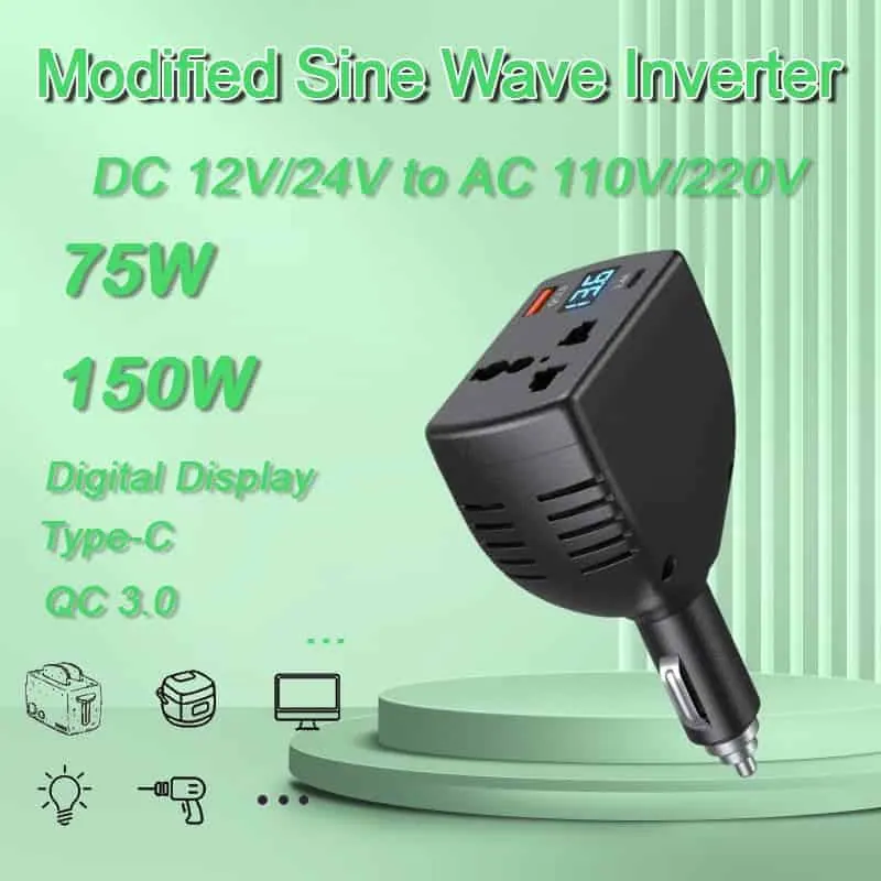 Mini 150W High-Power Car Charger with Super Fast Charging QC3.0 Type-C Ports Multifunctional Inverter & Voltage Digital Display