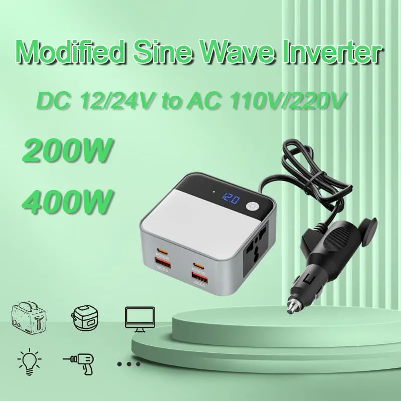 200W DC 12V to AC 220 110V Car Inverter 4 USB Output QC3.0 PD20W Fast Charging Voltage Inverter for Cars