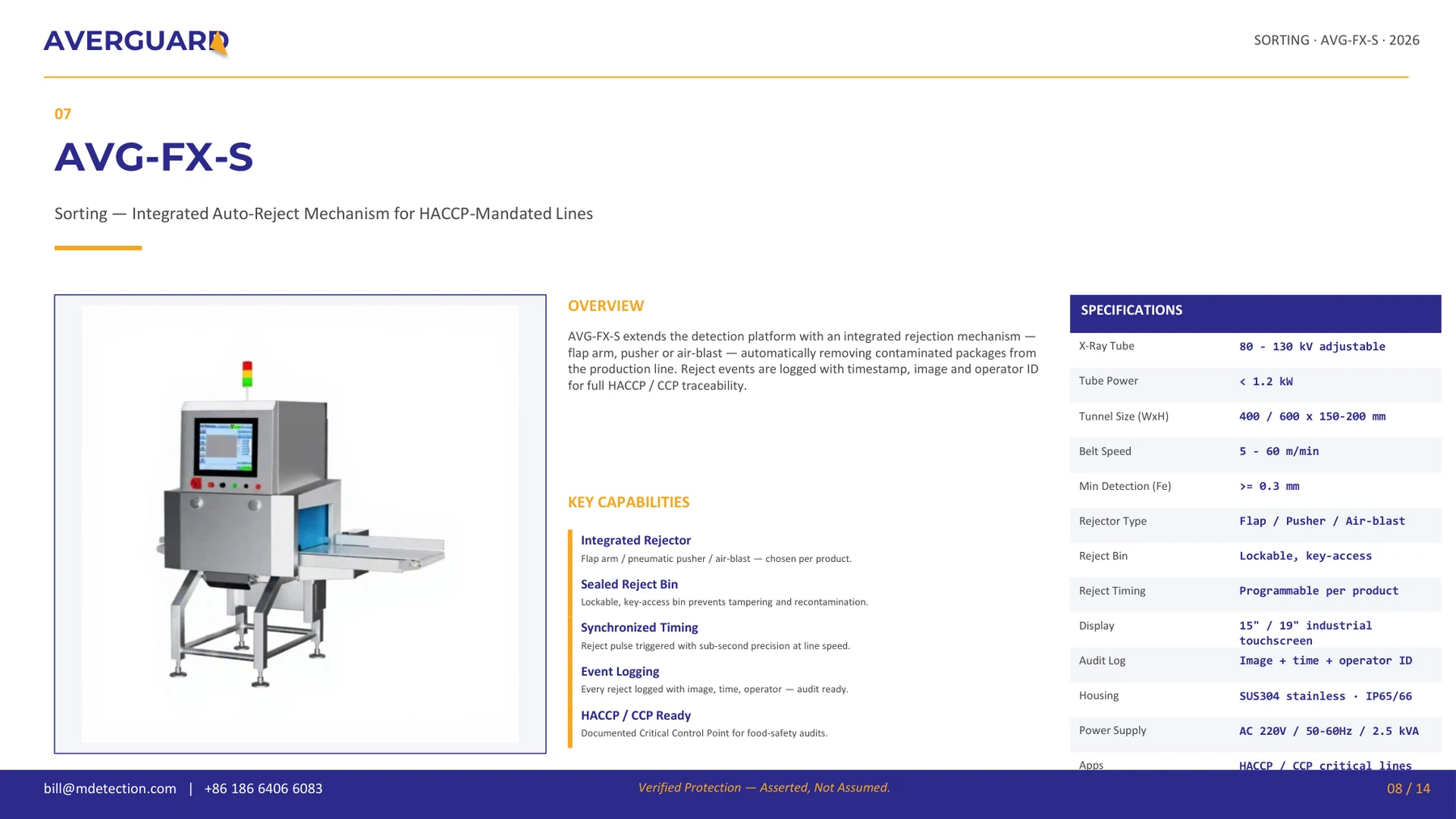 AVG-FX-S food X-ray inspection system with integrated reject mechanism