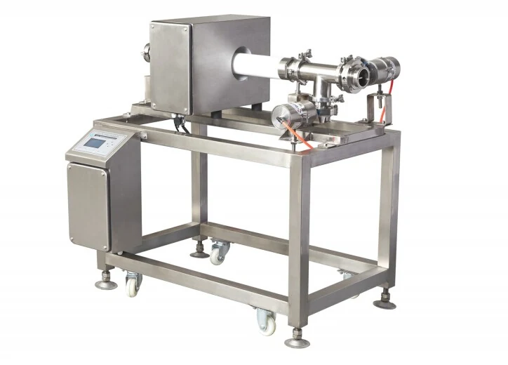 Pipeline feed metal detector for liquid food production