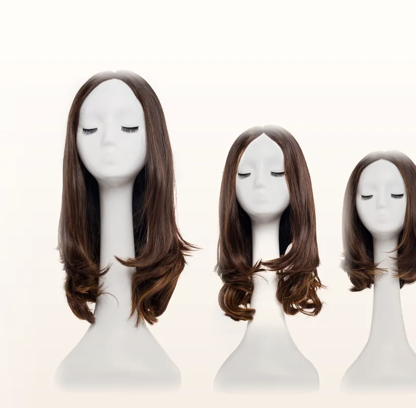 Morning Star human hair wigs displayed on mannequin heads