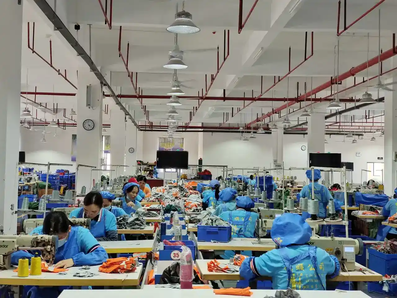 Sewing lines at the Mingshun welding PPE factory in Dahua, Guangxi