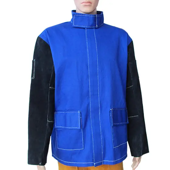 MS-319 welding jacket with blue FR cotton body and black leather panels