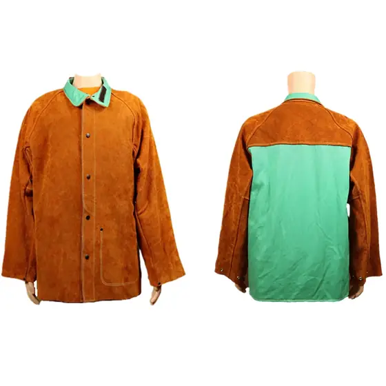 MS-285 brown split cowhide welding jacket with green FR cotton back