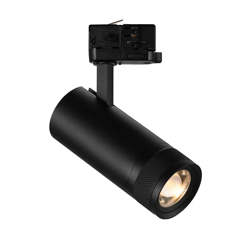 20W zoomable LED track light head in black extruded aluminium housing
