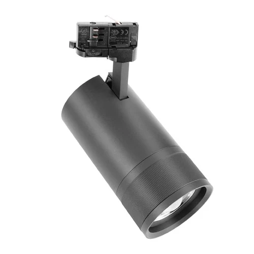 40W zoomable LED track light head in black extruded aluminium housing