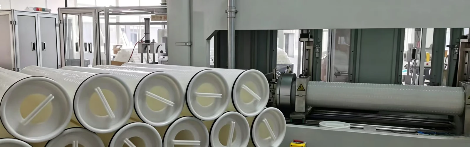 Finished high flow filter cartridges on the production floor