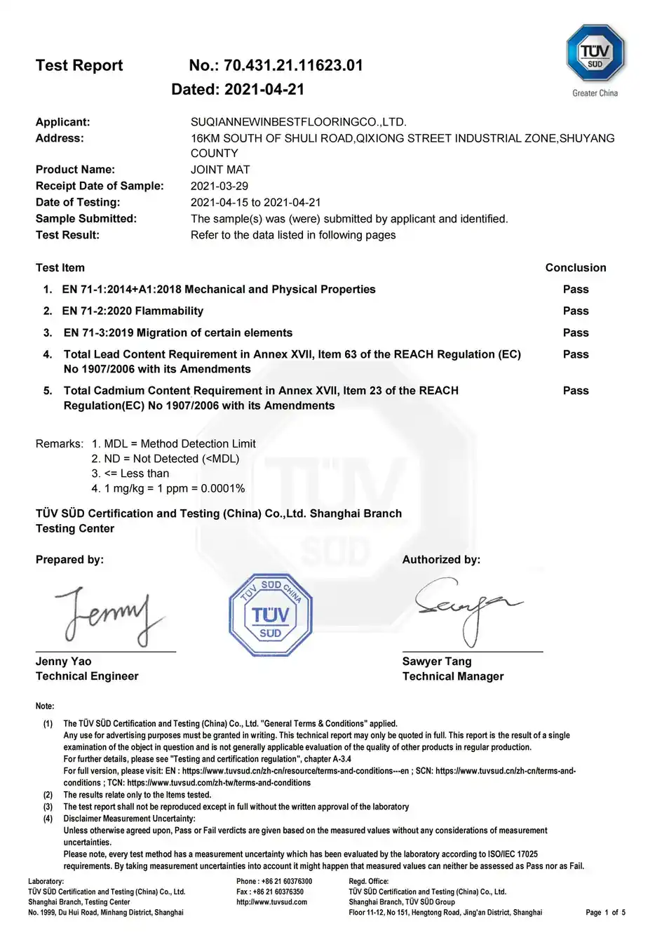 TUV test report for Newin Best EVA foam mats, page 1