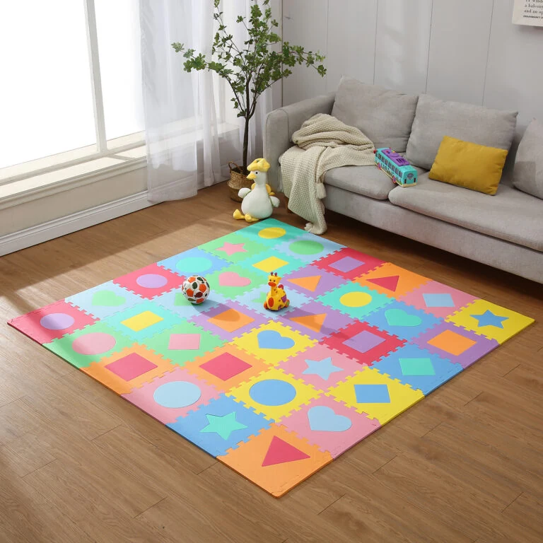 Printed EVA play mat laid in a family living room