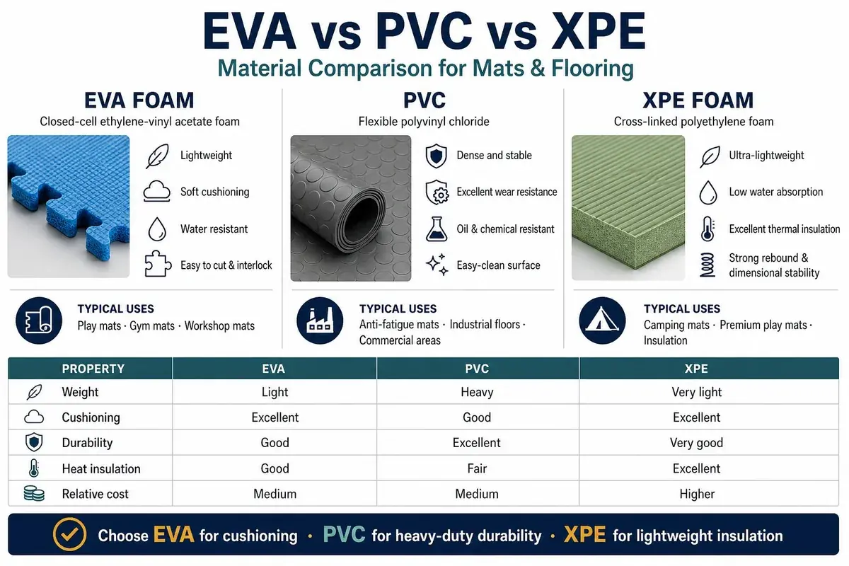 Comparison of EVA, PVC and XPE foam floor mat materials
