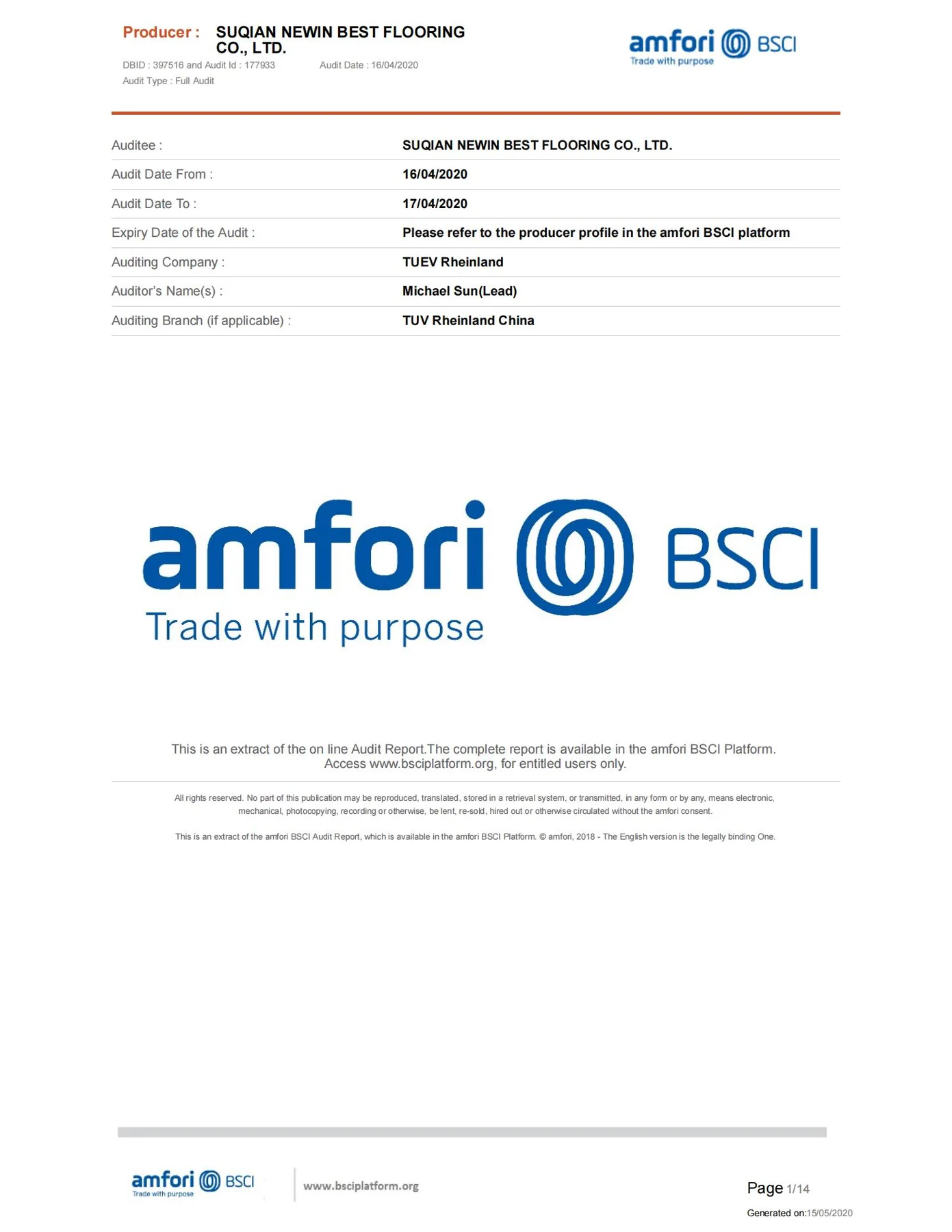 BSCI audit report for Suqian Newin Best Flooring Co., Ltd., page 1