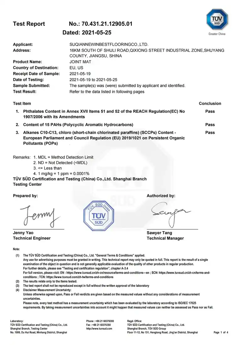 REACH test report page 1