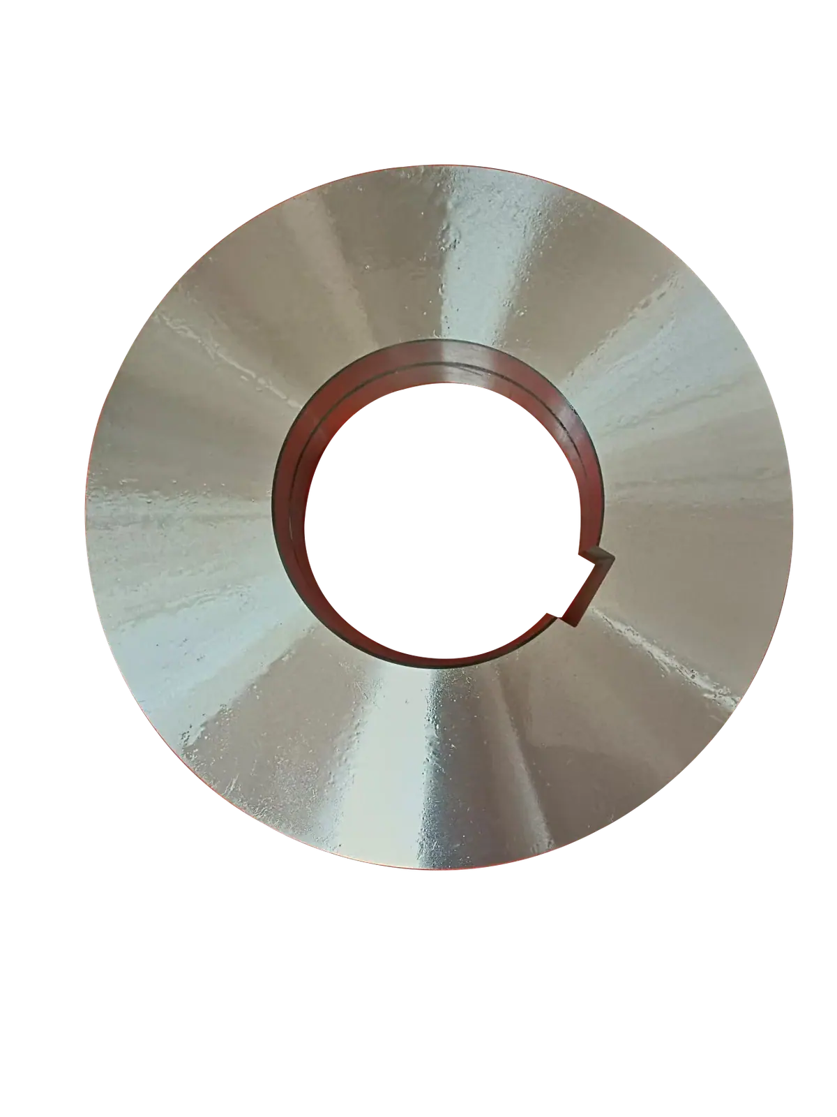 Front view of a circular metal pulley with a keyed center bore against a black background