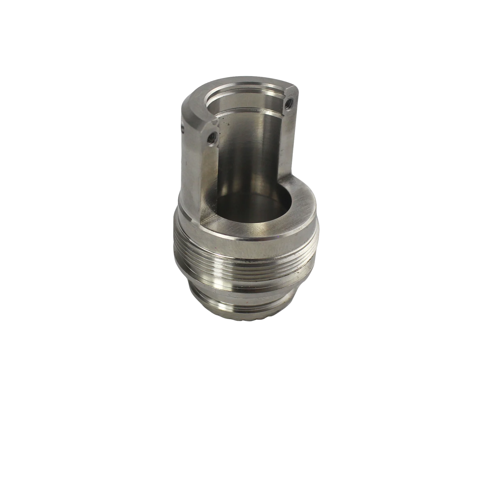 Machined metal threaded component isolated on black background