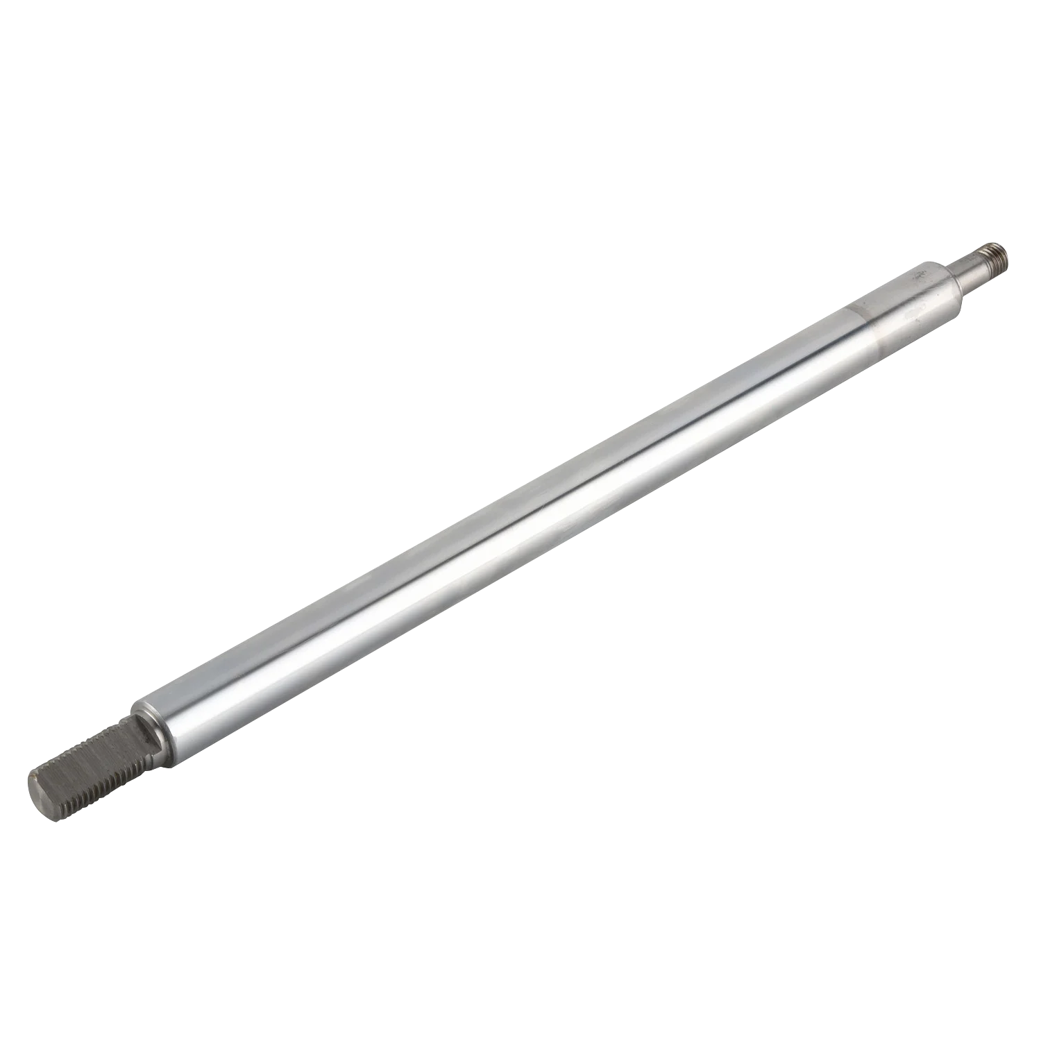 Metal hydraulic cylinder piston rod with threaded ends on a white background