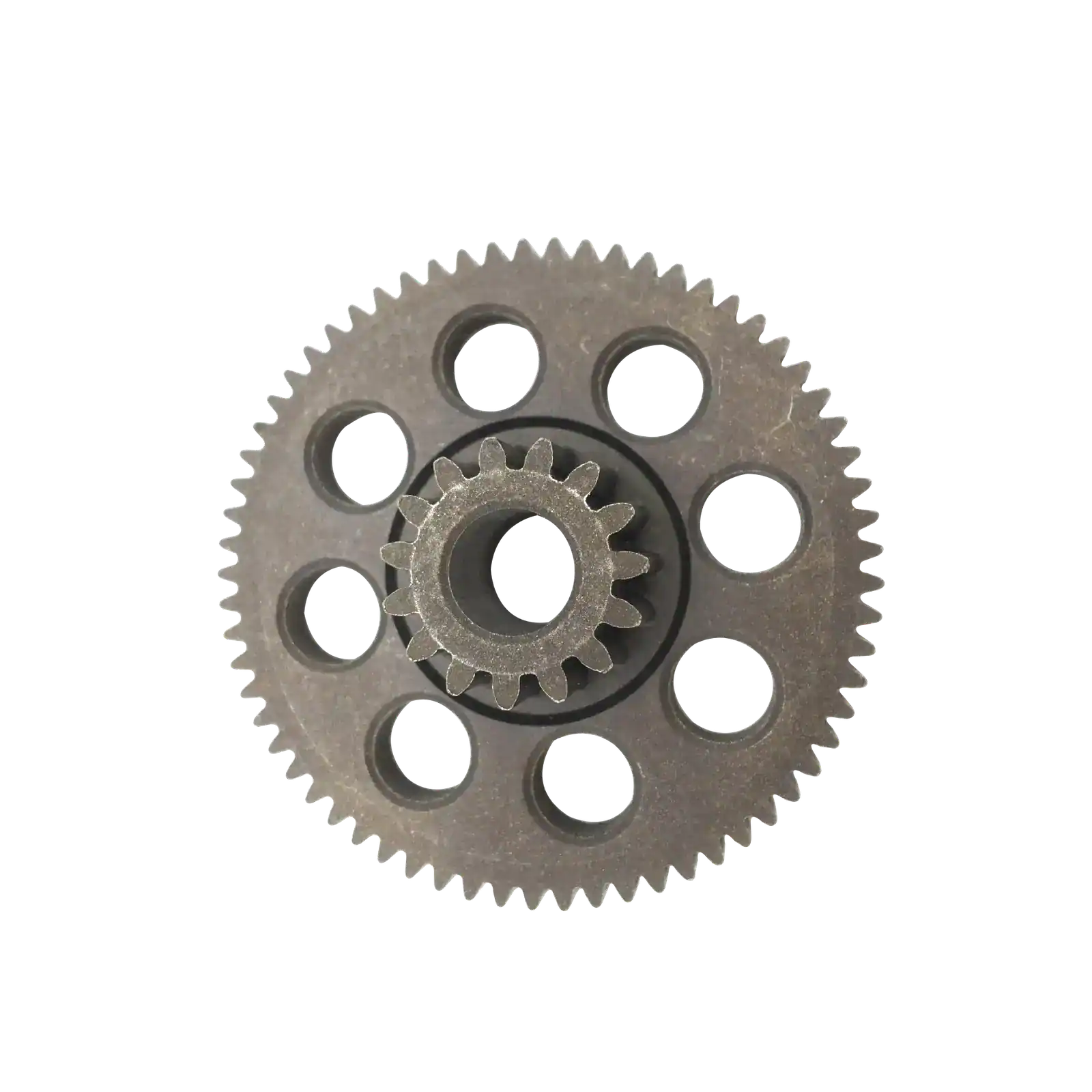 Metallic industrial spur gear with dual cog rings and circular cutouts on black background