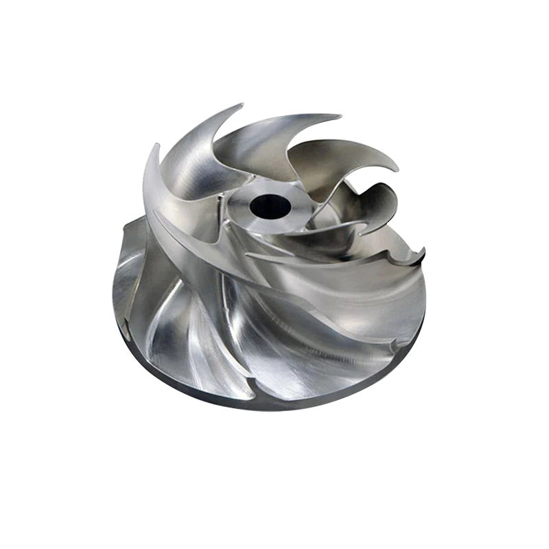 Machined metallic turbocharger or compressor impeller wheel on a white background