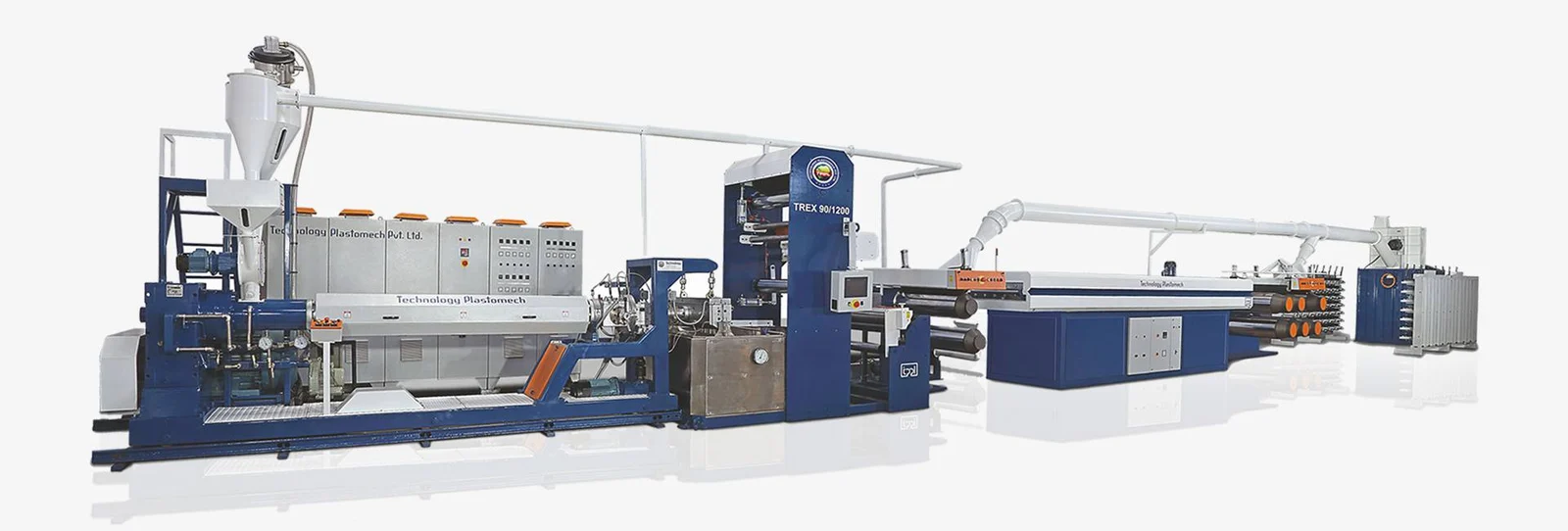 Industrial plastic extrusion and processing production line isolated on a white background