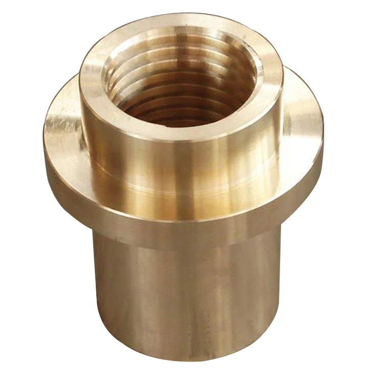 Machined brass flanged threaded bushing component isolated on white background