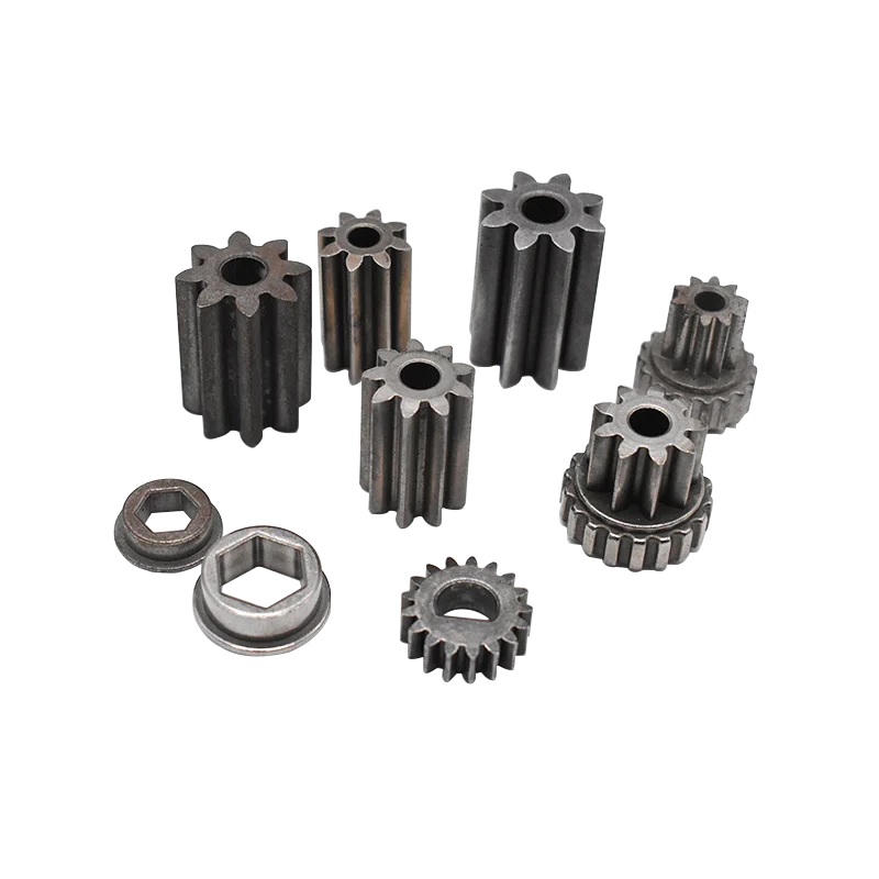 Collection of metal pinion gears and small mechanical components isolated on white