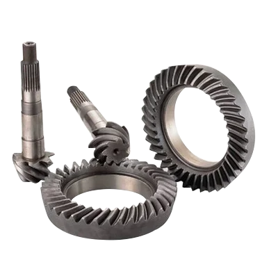 Metallic ring gears and pinion shafts on a white background